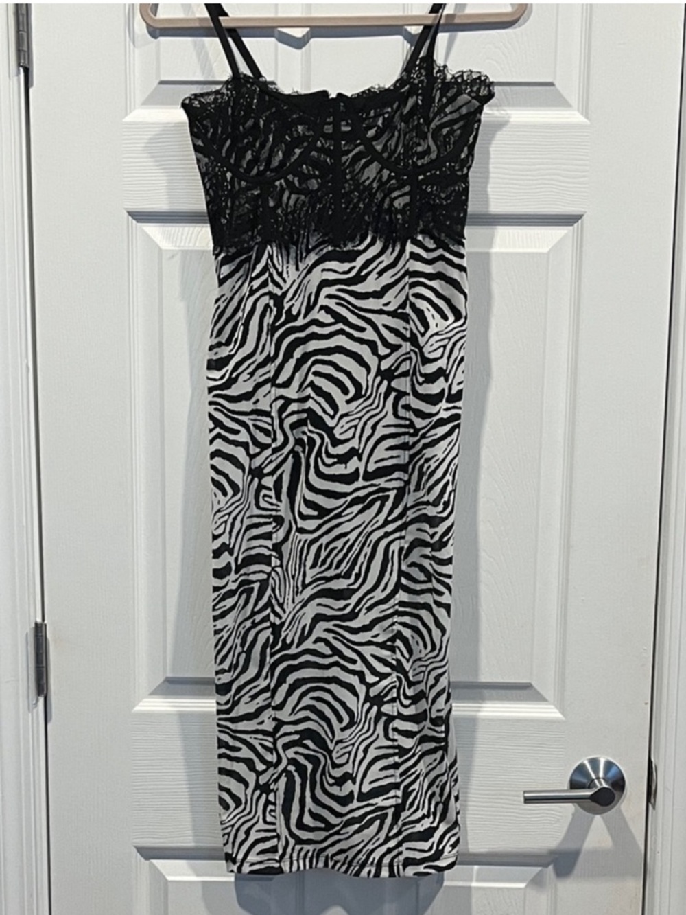 Forever 21 Black and White Zebra Print Midi Slip Dress Bodycon Built in Bodysuit